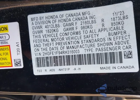 2024 Honda Civic Touring from USA, damaged, VIN 2HGFE1F94RH316003